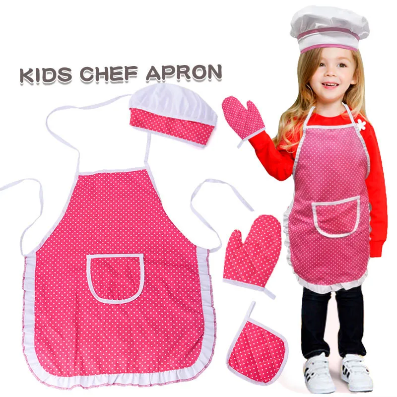 4Pcs/set Kids Cooking Apron Gloves Hat Set Pink Easter Halloween Child Chef Kitchen Baking Play House Dress Up Toys