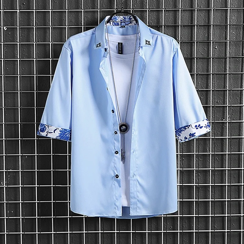 Slim Fit Ice Silk Thin irt Vêtements d'extérieur pour hommes Or Sve High-End Feeling Haome Seven-Quarter Sve irt Jeunesse Été F...