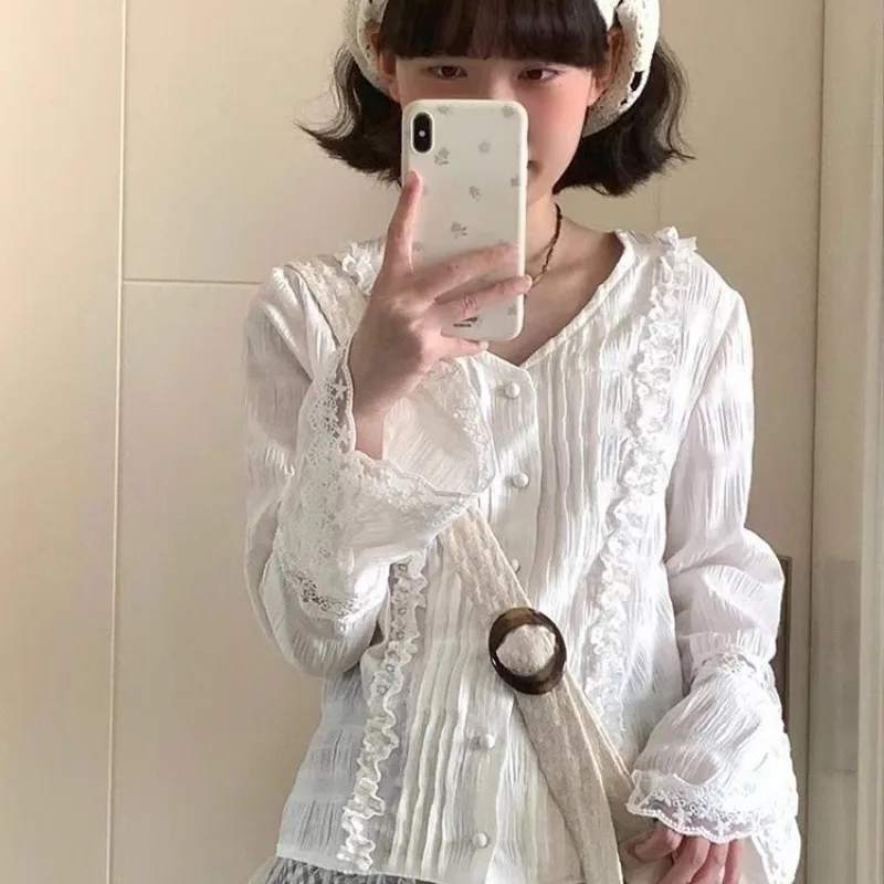 QWEEK Lace V Neck Shirt Kawaii Lolita Solid Color Youthful Korean Style Blouse Patchwork Long Sleeve Loose Japanese Cute Clothes