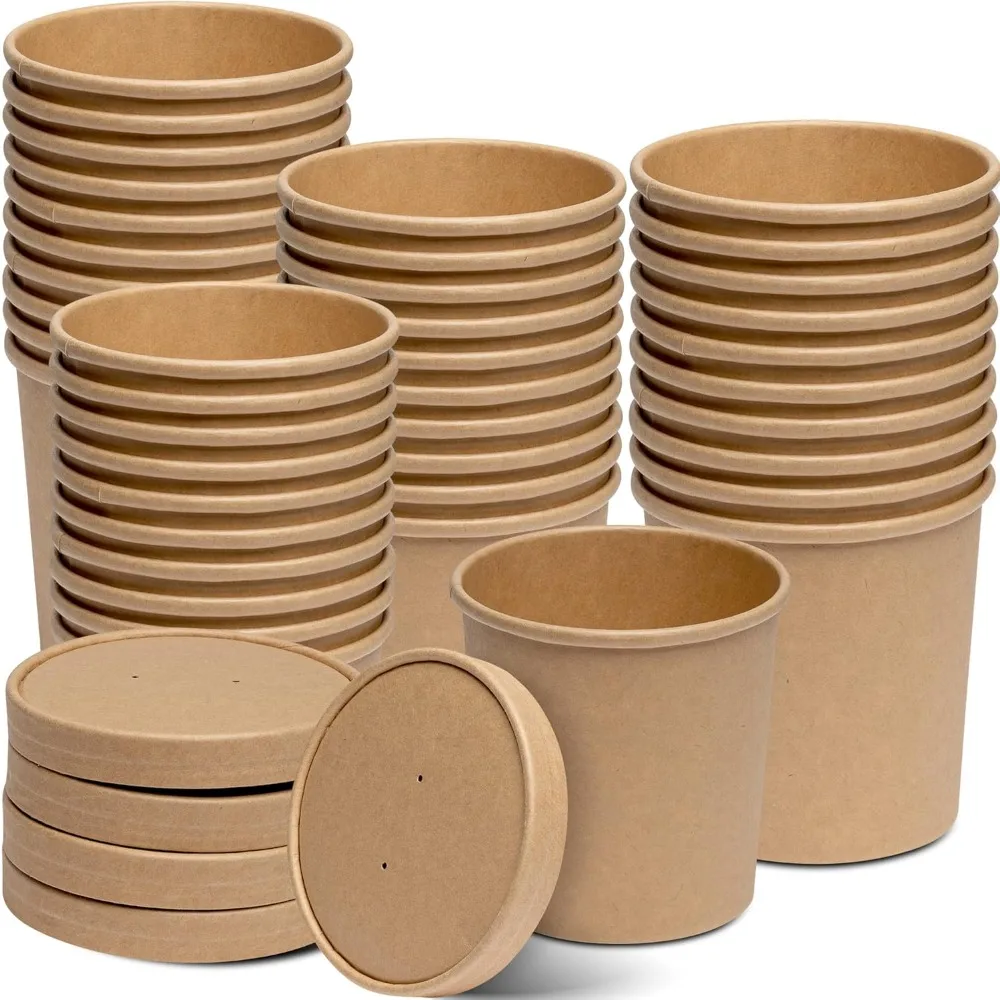 

16 Oz. - 50 Count Kraft Paper Food Containers with Vented Lids - To Go Hot Soup Bowls, Disposable Ice Cream Cups