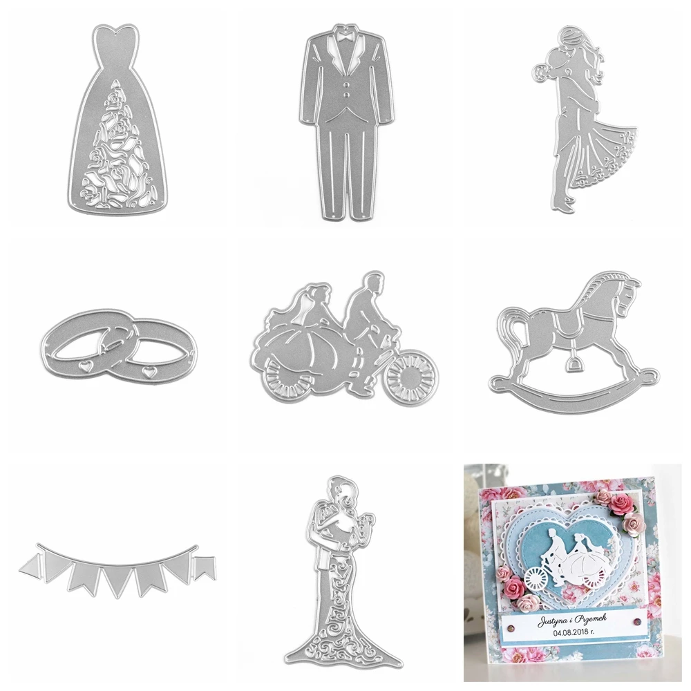 Hochzeit Thema Schneiden Stirbt Anzug Hochzeit Kleid Ring Metall Stanzen Messer Form Für DIY Scrapbooking Album Karte, Der Dekoration