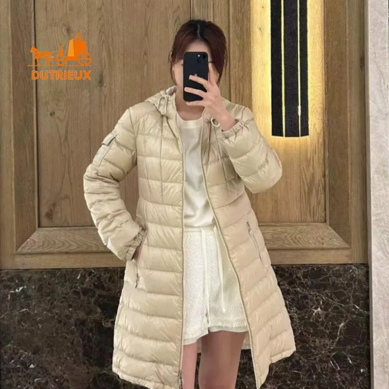 New Winter Down Jacket for Women Long Zipper with Hood 90% White Goose Down Long Down Jacket Loose Version Windproof Warm Coat