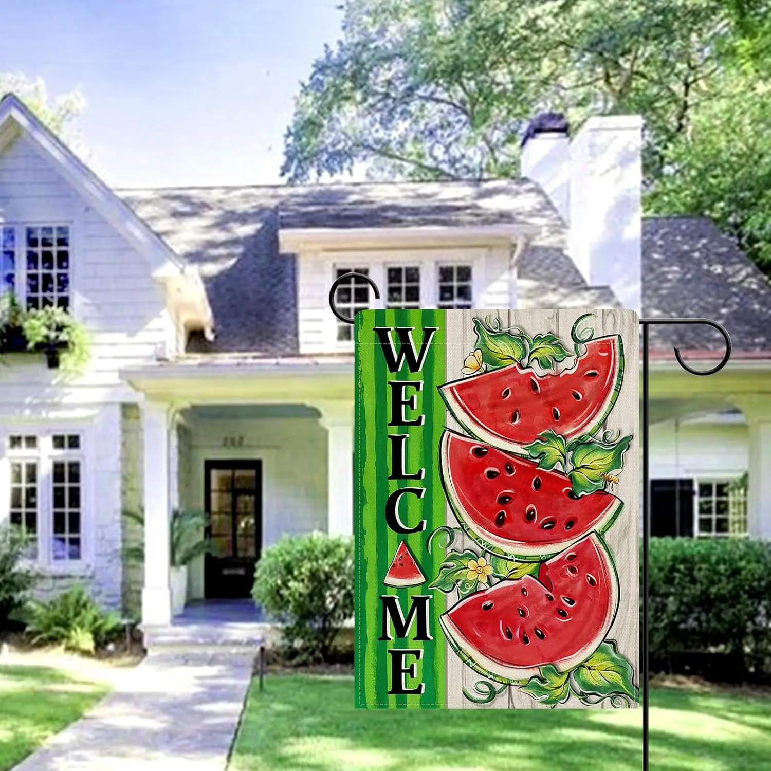 Dyrenson Welcome Summer Watermelon Decorative Garden Flag, Farmhouse Green Stripes Yard Outside Home Decoration, Rustic Seas hhz