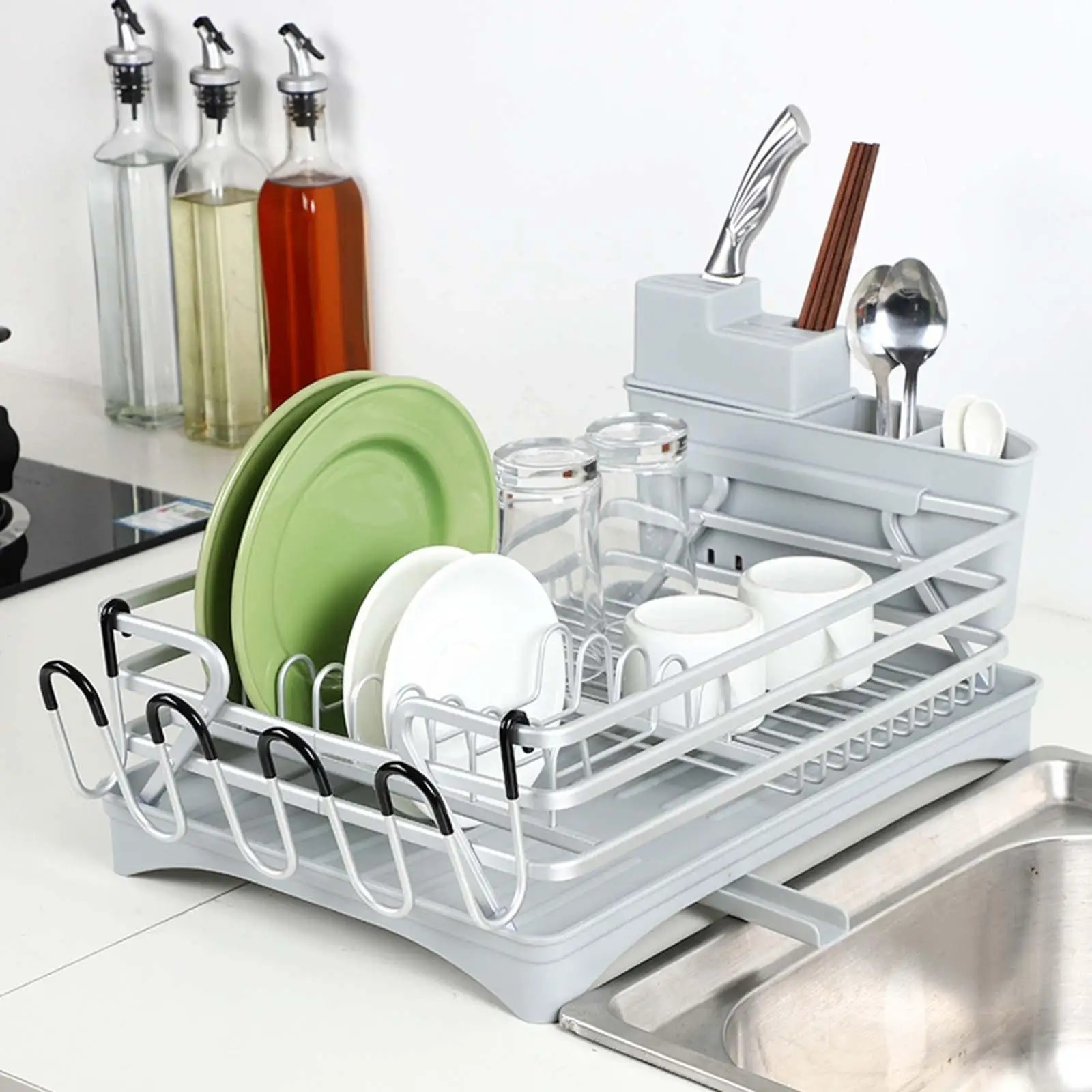 Bowl Cup Plate Kitchen Dish Rack Drainer Tray with Sink Drainer Space Saving Dish Rack Drying Stand for Cabinet Countertop