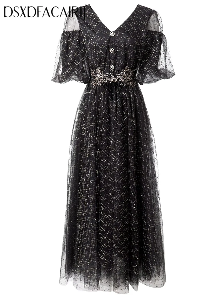 

DSXDFACAIRI Women's V-Neck Puff Sleeve Mesh Plaid Dress Button Detail Vintage Ball Gown Fashion Summer Female Clothing