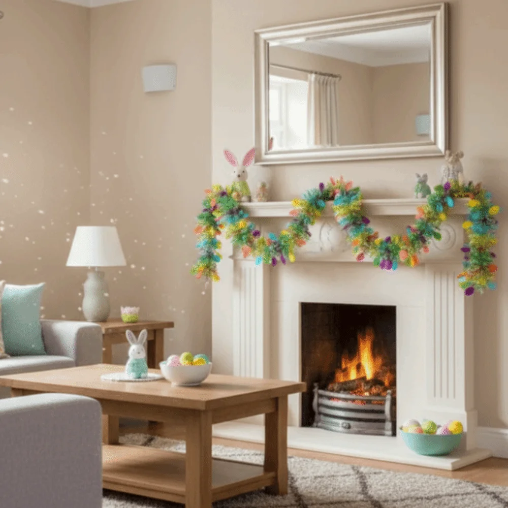 

2M Spring Easter Garlands Stripe Colorful Eggs Glitter Easter Tinsel Garlands Free Splicing Pom Round Shape Hanging Ornament