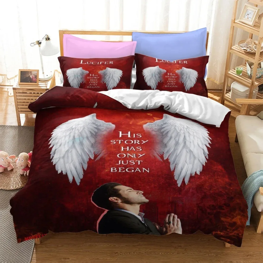 2024 Angel Wings Lucifer Bedding Set Lucifer Morningstar Satanic Duvet Cover Set Aesthetic Wing Feathe Comforter Cover Set