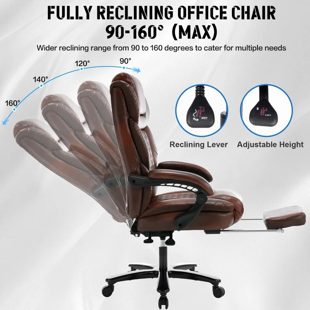 كرسي مكتب مكتبي كبير جدًا بمقاس كبير مع مسند للقدمين ودعم للظهر، كرسي مريح من جلد البولي يوريثان بمقعد عريض لـ Ta