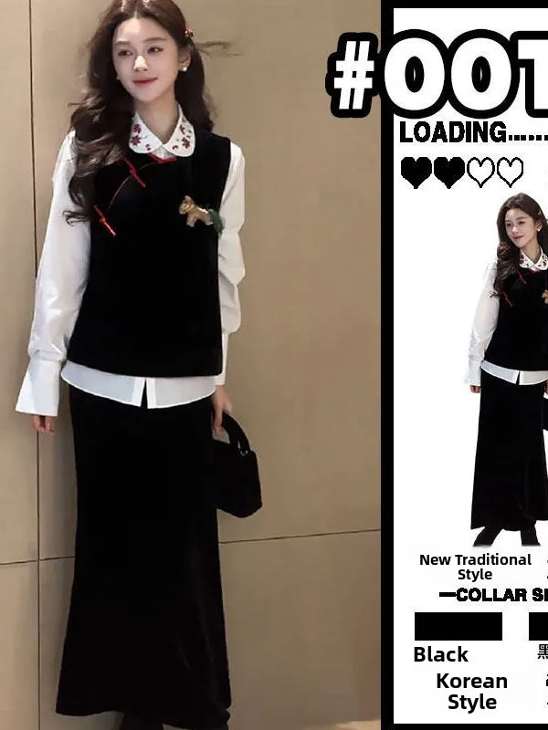 

Женский комплект больших размеров: топ-жилет в традиционном китайском стиле с пуговицами и разрезами на плечах, длинные рукава, высокая талия, весенняя мода