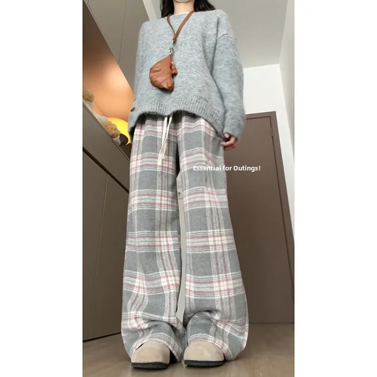 핑크색 레이지 울 체크 팬츠 여성용 가을 겨울 신상 하이웨이스트 드레이프 루즈 캐주얼 와이드 레그 팬츠 스트레이트 컷 엘라스틱...
