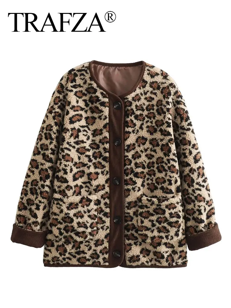 TRAFZA Women Fashion Winter Leopard Print Coat Long Sleeves Loose Single Breasted Female Top Pockets Streetwear Woman Cardigan