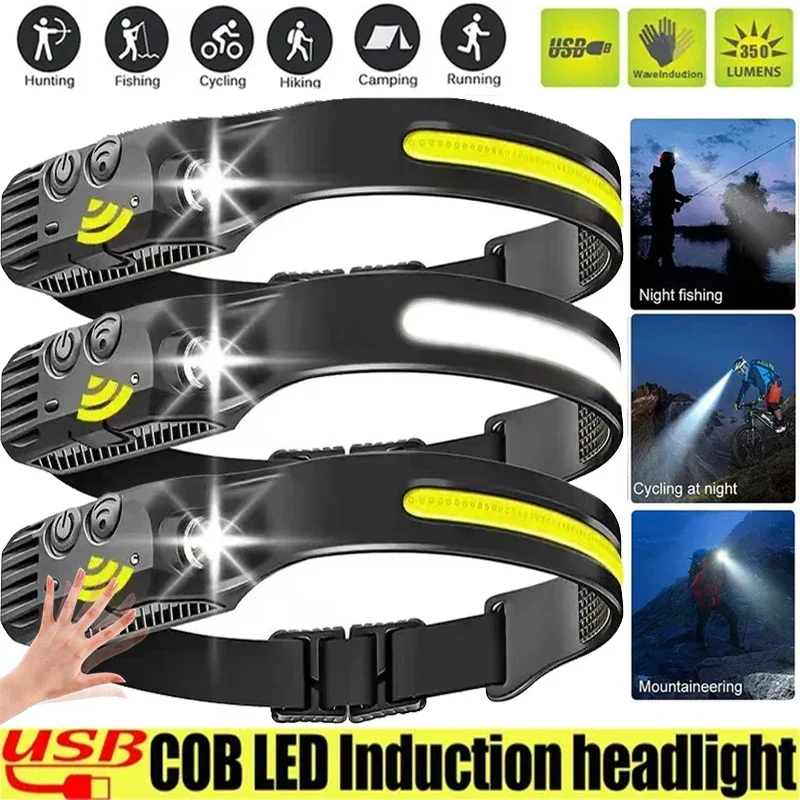 Super Bright Induction Headlamp COB+LED Sensor Head Flashlight Built in Battery USB Rechargeable For Camping Fishing Work Lights