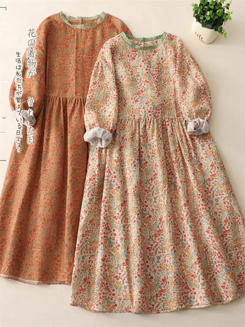 Vestido feminino estilo japonês primavera com gola de renda floral – vestido midi de manga comprida em camadas soltas de linho de algodão JJ958