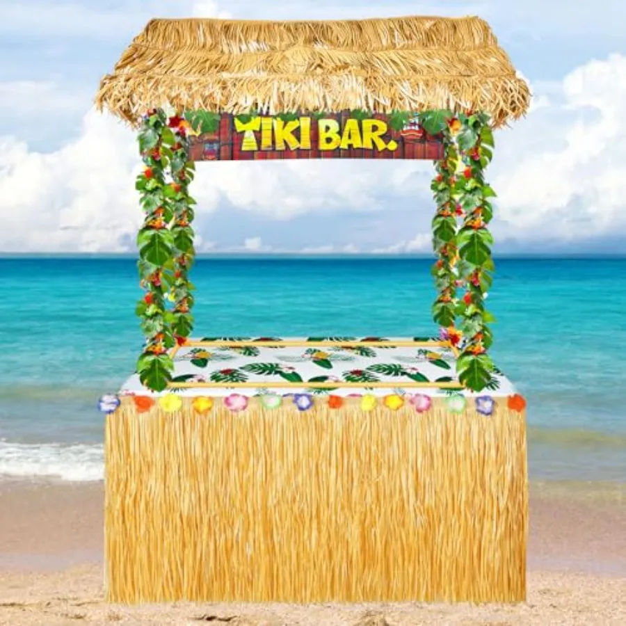 

50Pcs Tiki Bar Decor Hut Kit Hawaiian Party Decorations with Tiki Hut Banner Roof Palm Leaves Flower Garland and Table Skirt Lu