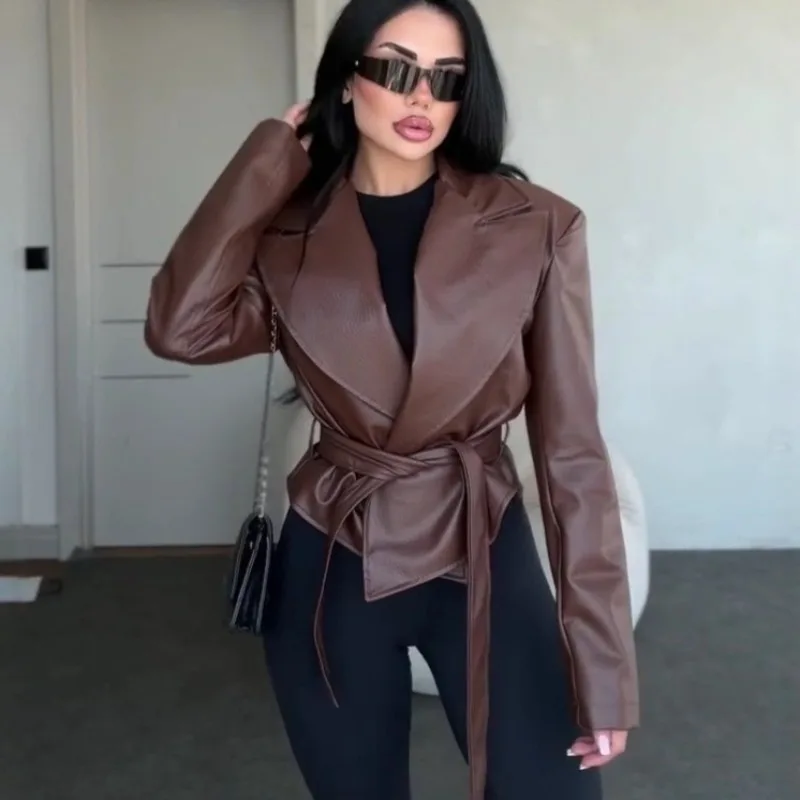 Elegant Lace Up Women Leather Jackets Spring Autumn PU Leather Bomber Jackets Chic Trench Coats Fashion Women Clothes Outerwears