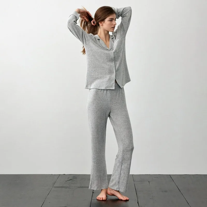 

2025 Осень Зима Новый Серый Вязаный Костюм С Длинными Рукавами Домашняя Одежда Пижамный Комплект Европы и Америки Стиль 2 Шт. Размер S-L