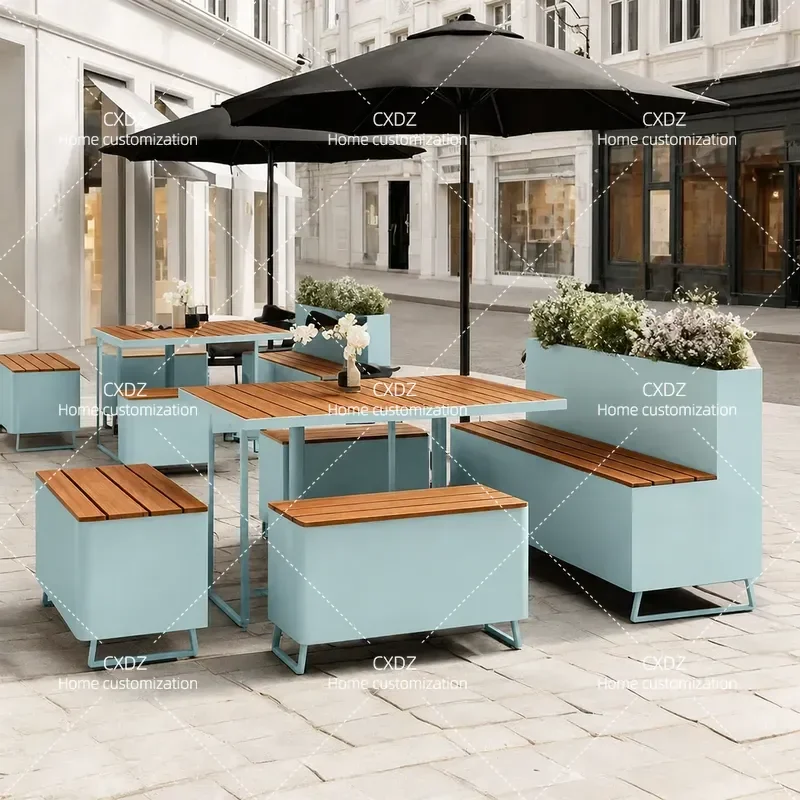 Outdoor Wrought Iron Flower Box Bench with Mobile Partition Commercial Square Seating Courtyard Garden Planter Combo
