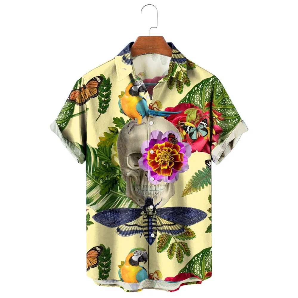 

HX Fashion Men's Shirts Tropical Plants Leaves Flowers Bird Skull Printed Casual Shirt Beach Shirts for Men Clothing