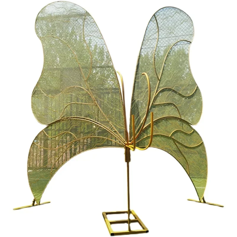 Wedding stage decoration: large golden iron butterfly wings background screen, elf road guide decorations, wedding props