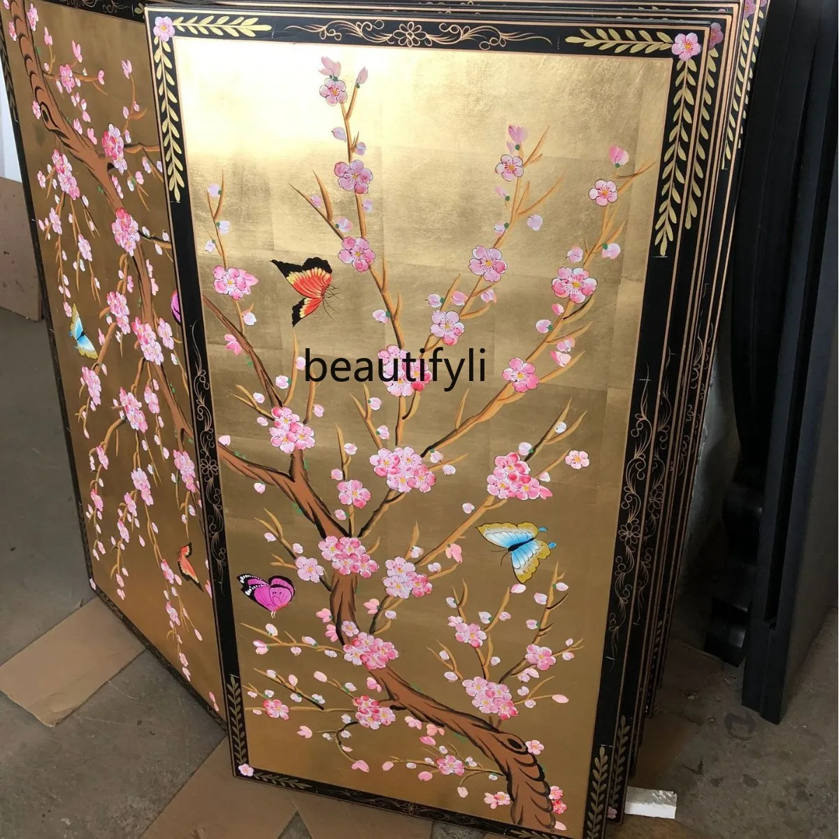 

Gold Foil Plum Blossom Screen Hanging Painting Peony Butterfly Hanging Painting Handmade Painted Gift