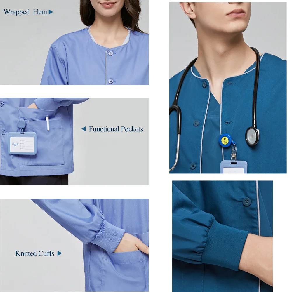 Chaquetas de limpieza para médicos, PAs, NPs y enfermeras, abrigos médicos, cierre a presión/botón, chaqueta de calentamiento de Color sólido