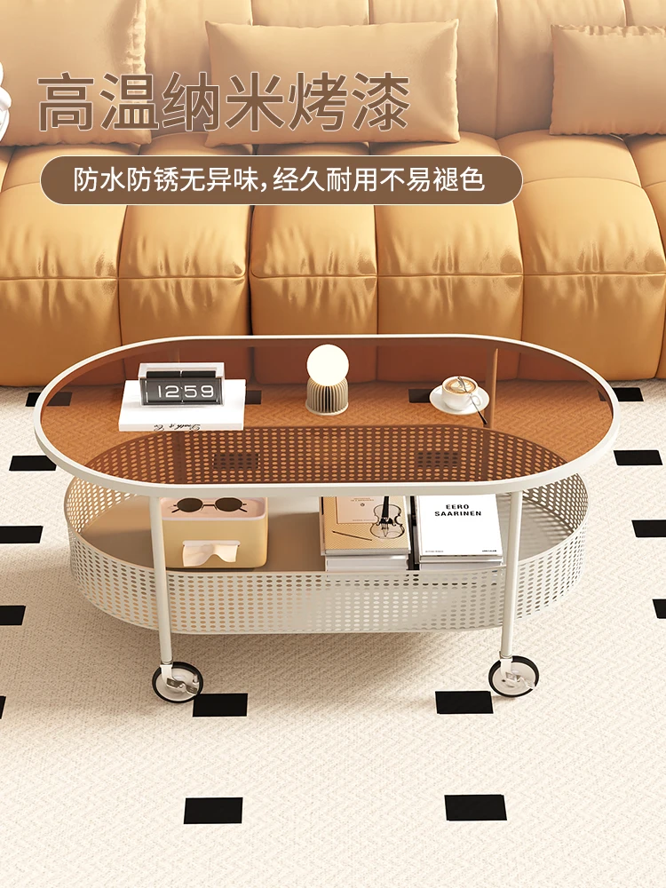 Cream wind living room small household movable small coffee table simple modern creative round glass small table.