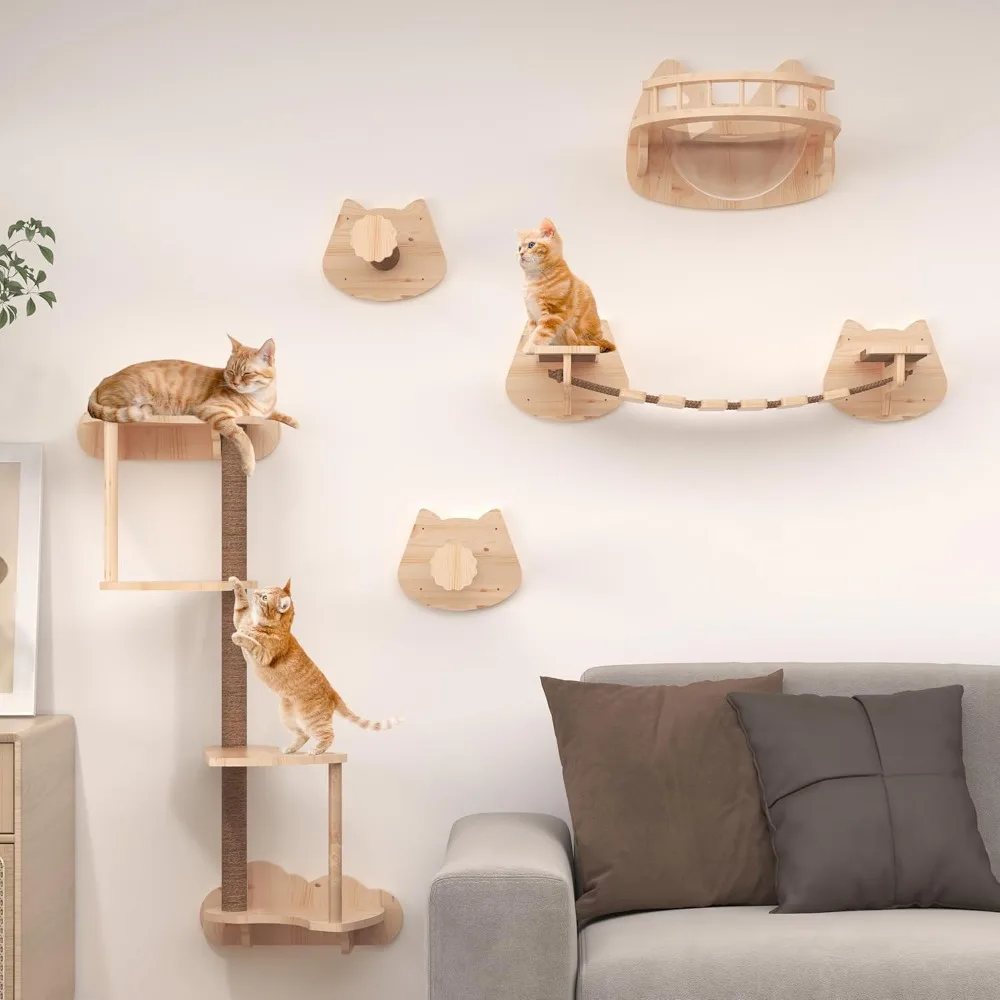 Transparent Capsule Cat Wall Furniture Set of 13, Cat Shelves with 2 Sisal Scratching Steps, 4 Tier Cat Scratching Post