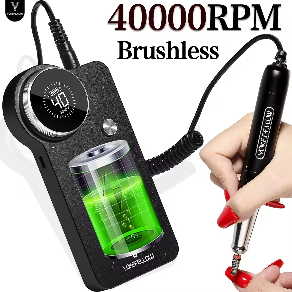 Yokesfellow-taladro eléctrico sin escobillas para uñas acrílicas, 40000RPM, con pantalla LCD, profesional, baja vibración