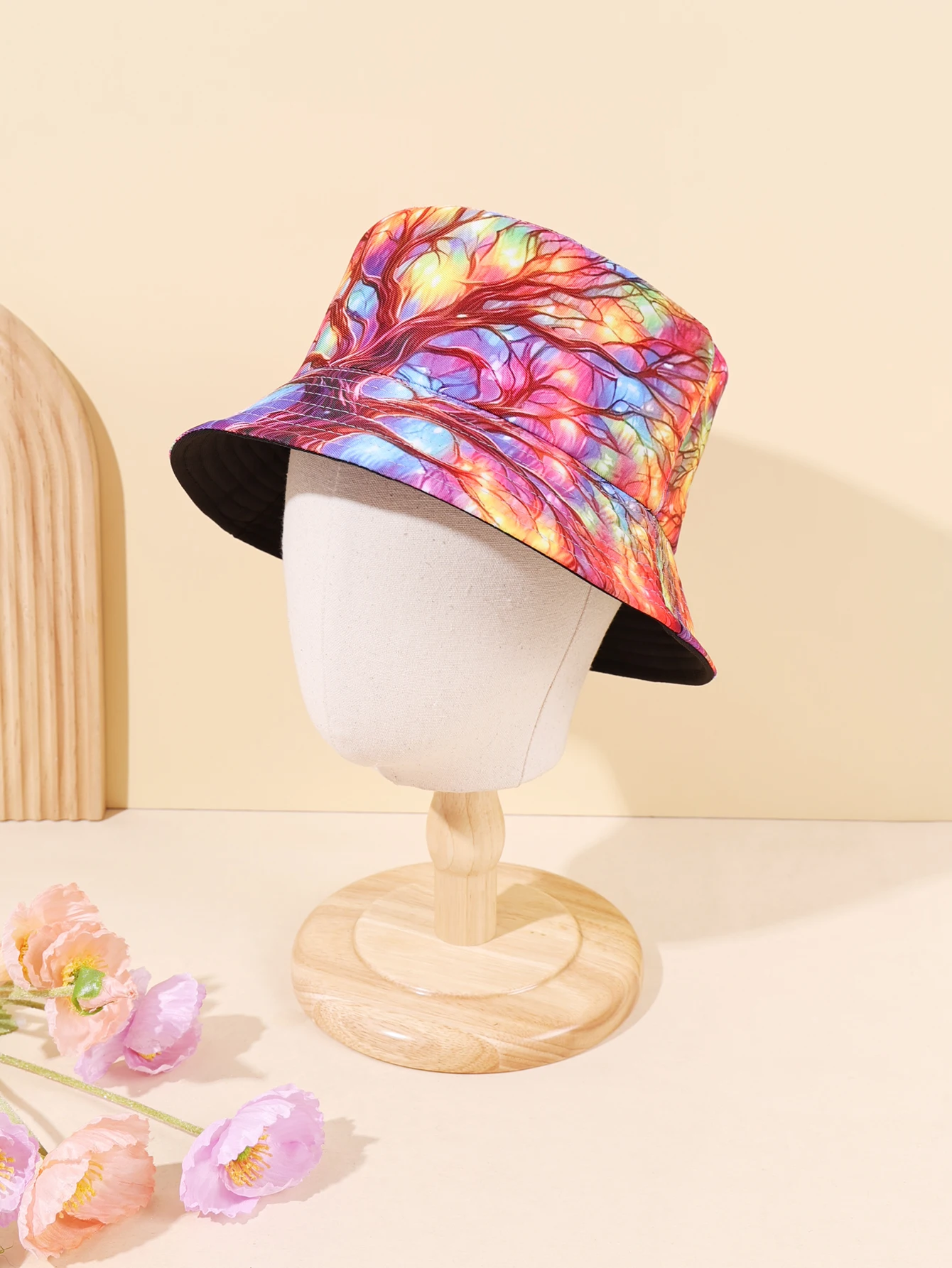 1PC Colorful Tree Pattern Artistic Fisherman's Hat, Breathable Soft Fabric, Eye catching Artistic Feel Pulled Full