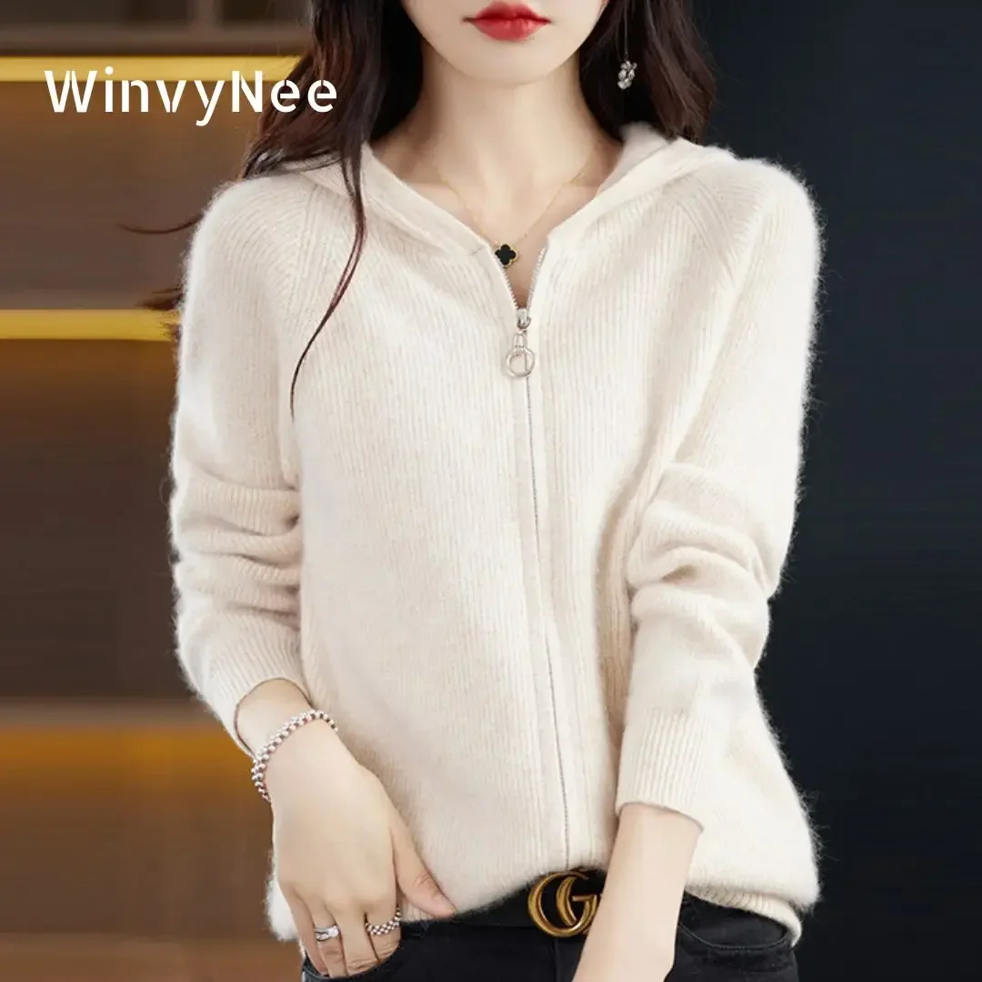 

WinvyNee Mink Cashmere Women Sweater Hooded Cardigans with Zip Warm Solid Casual Pullover Outerwear Plus Size Winter B1248019