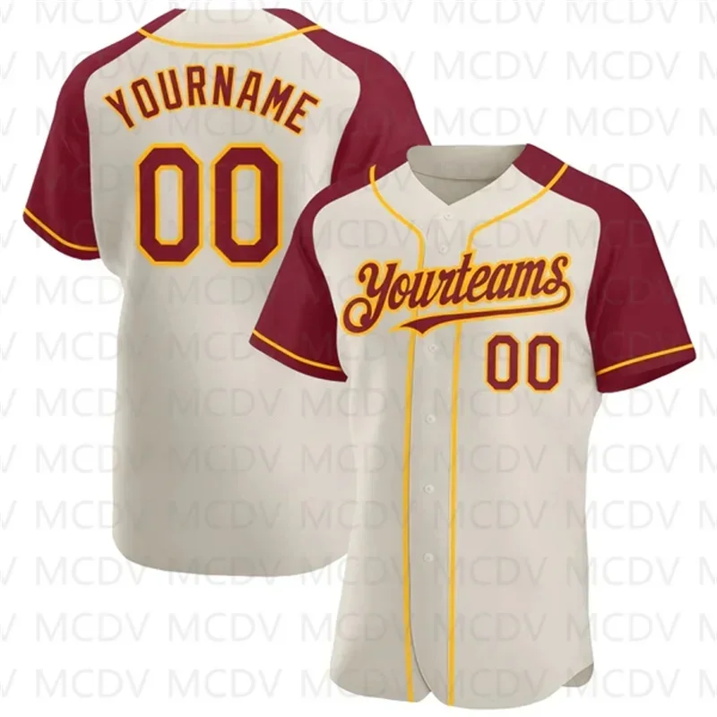 Custom  Crimson-Gold Authentic Raglan Sleeves Baseball Jersey 3D Printed for Men and Women Casual Team Shirts  Unisex Tops