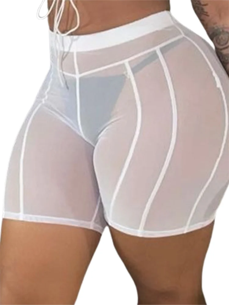 CHRONSTYLE Mesh Sheer Shorts Pants See Through Solid Color High Waist Clubwear Female Bodycon Summer Biker Shorts Bottoms 2022