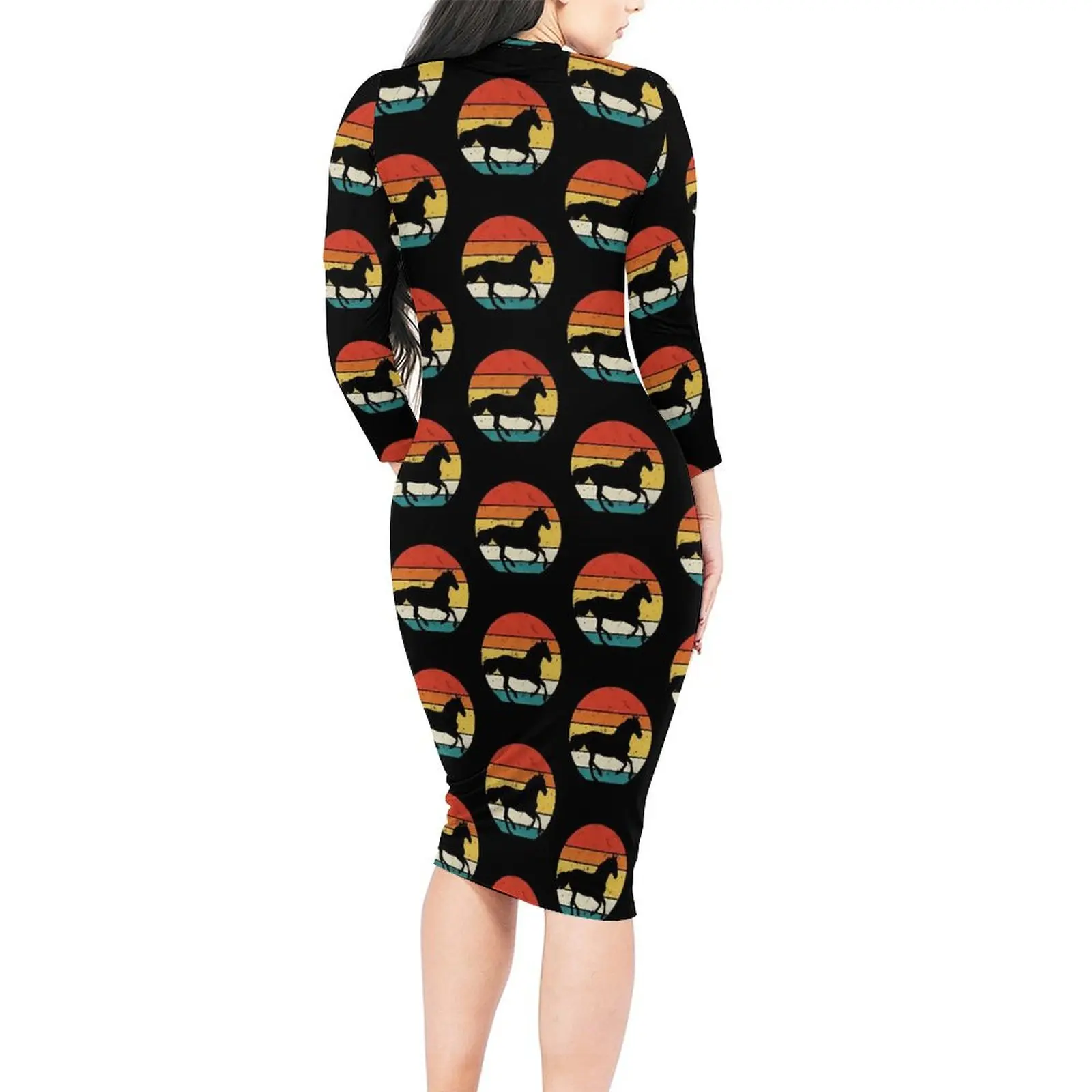 Retro Horse Bodycon Dress Spring Vintage Print Pretty Dresses Women Long Sleeve Design Aesthetic Dress 3XL 4XL 5XL