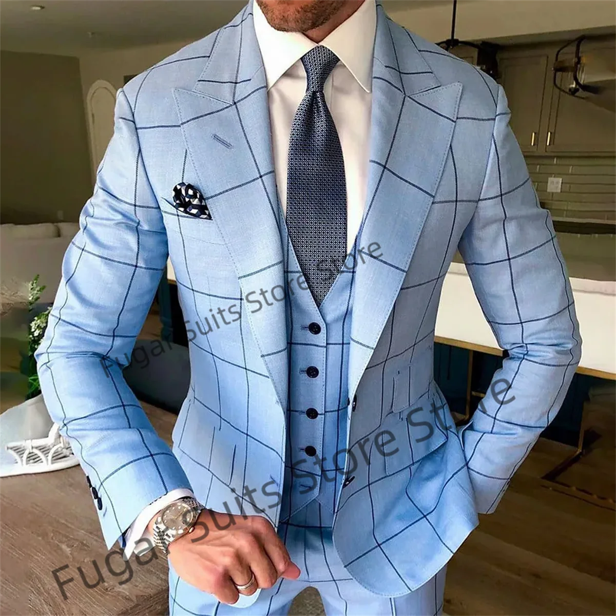 Business Large Plaid Men Suits Slim Fit Peak Lapel Groom Wedding Tuxedos 3 Pieces Sets Office Work Male Blazer Ropa De Hombre