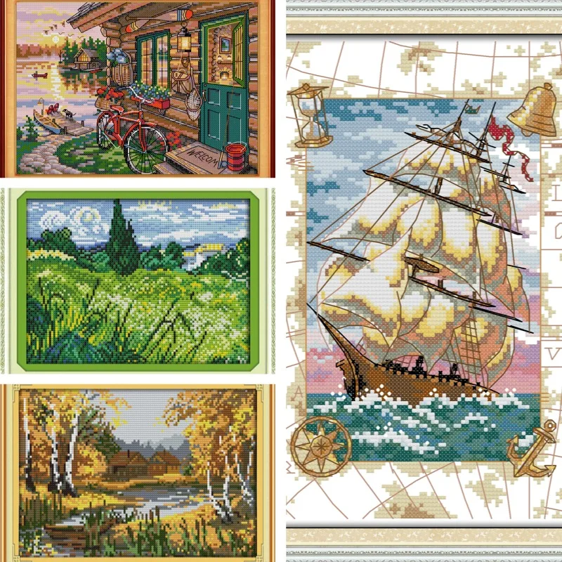 11/16/14CT Cross Stitch Sets Birch Forest Creek Handmade Sewing Cross Stitch Suite Landscape Wholesale Factory Paintings
