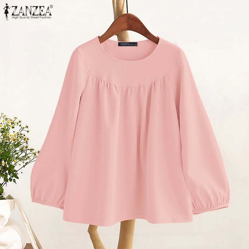 ZANZEA Women Fashion Gathered Blouses Autumn Everyday Casual Lantern Sleeve Round Neck Blusas Mujer Oversized Loose Solid Tops