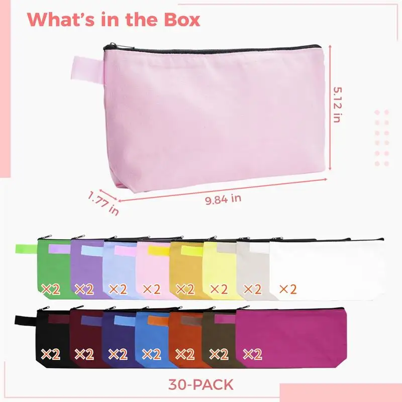 30PCS Canvas Makeup Bag Zippered Clutch Bags Travel Toiletry Bags Student Stationery Pencil Cases Multifunctional Zipper Pouches