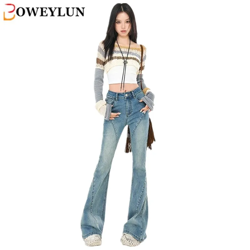 BOWEYLUN High-waisted High Elasticity Spliced Micro Flare Jeans Trousers Female Autumn New Slim Denim Straight Pants Women