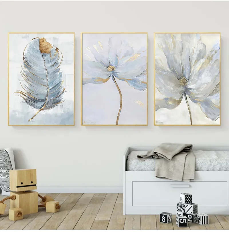 Nordic Modern Aesthetics Wall Art Blue Feather Flower Abstract Oil Poster and Print Home Bedroom Living Room Decoration Gift