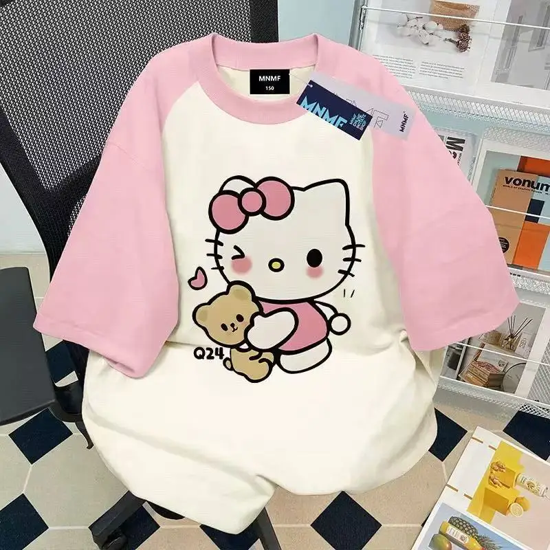 

100% Pure Cotton Cartoon Cute Hello Kitty Raglan Sleeves Short Sleeved T-shirt Women's Loose Top