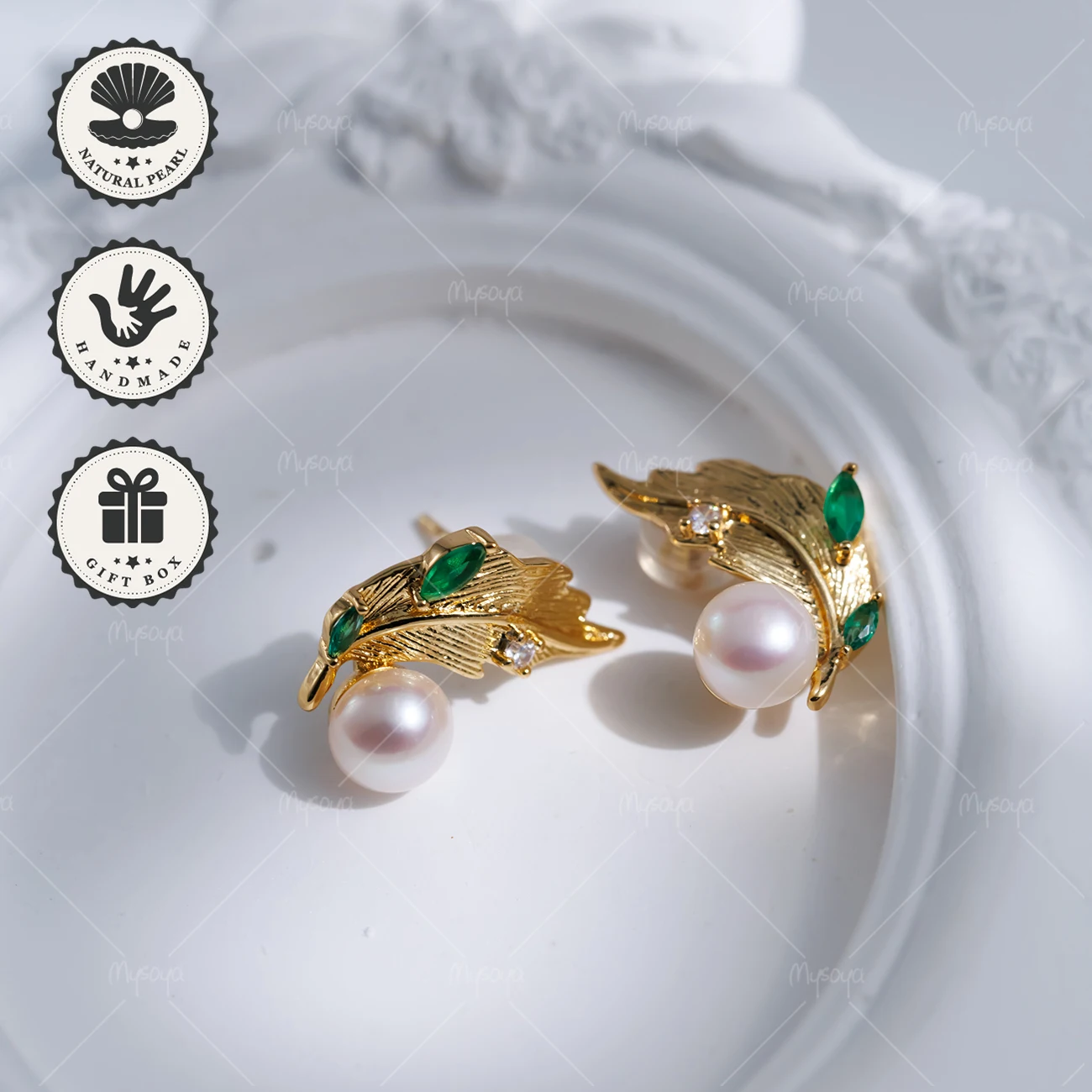 

MYSOYA 6-7mm White Freshwater Pearl Leaf CZ Stud Earrings Golden With Gift Box Birthday Gift Valentine’s Day