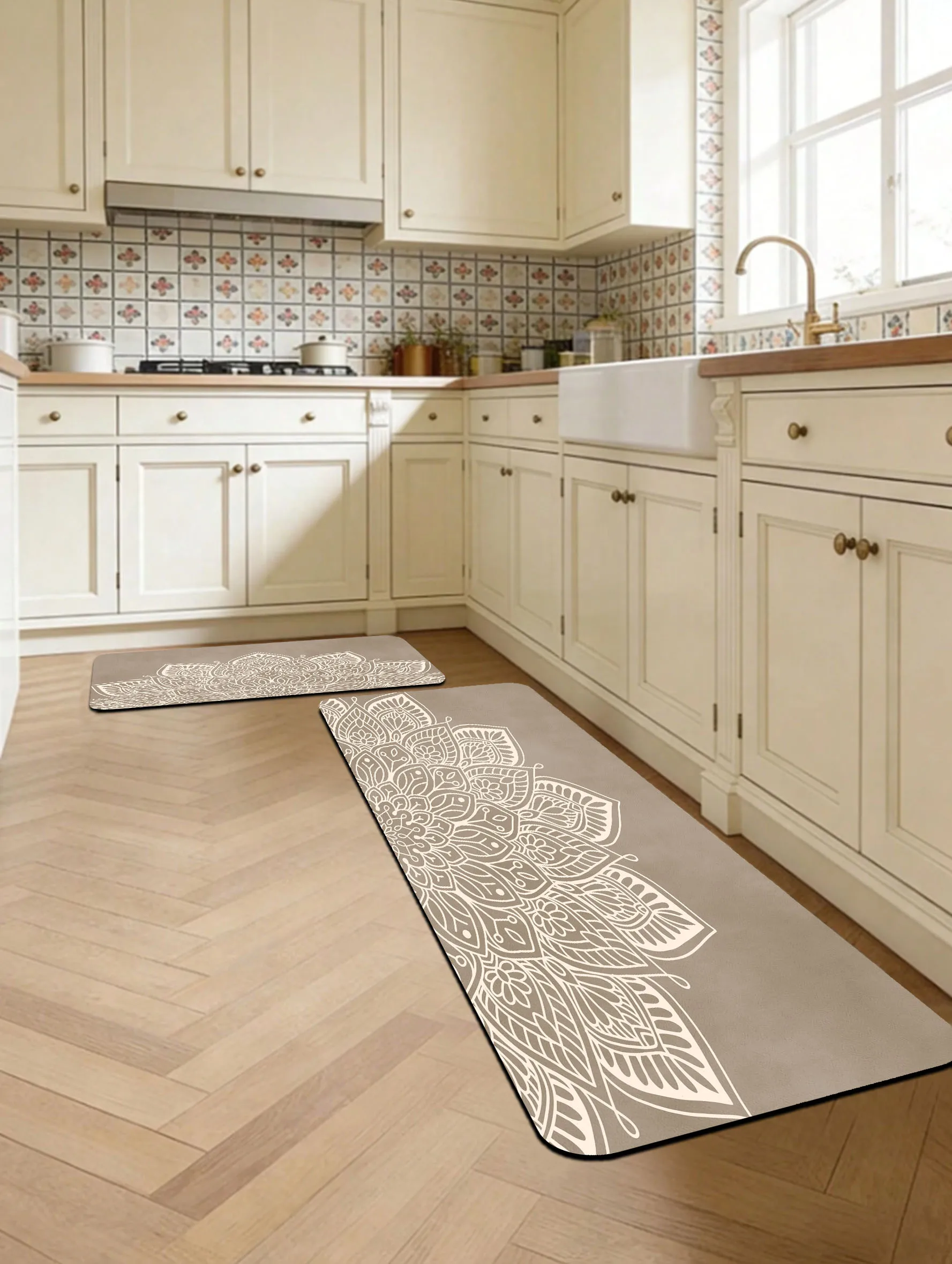 Taupe Mandala Kitchen & Bath Mats, Non-Slip, Absorbent, Easy to Clean.