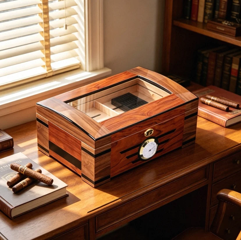 

Double Layered Large Capacity Moisturizing Cigar Box, Transparent Sunroof Interior Cedar Wood Cigar Box.