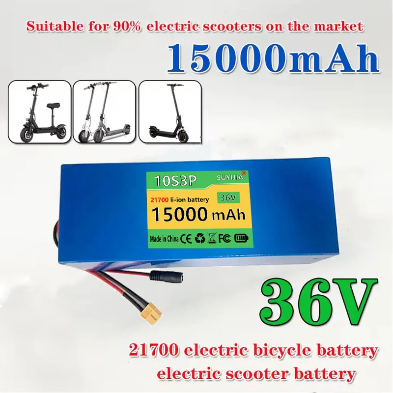 10S3P 21700 36V 15Ah 250W 500W Rechargeable Lithium Battery Pack with Customizable Connections for Electric Scooter Accessory.