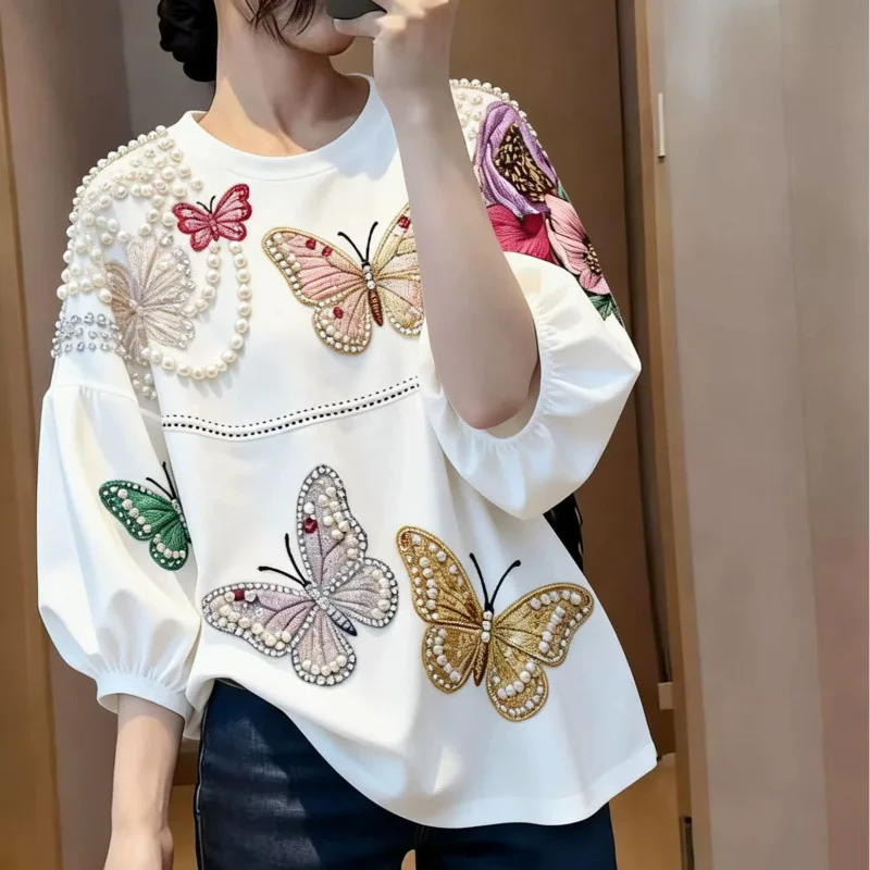 Elegant Lantern Sleeve White Women Shirts All-match New Spring Summer Beading Butterfly Round Neck Pullover Top Casual Basic Tee