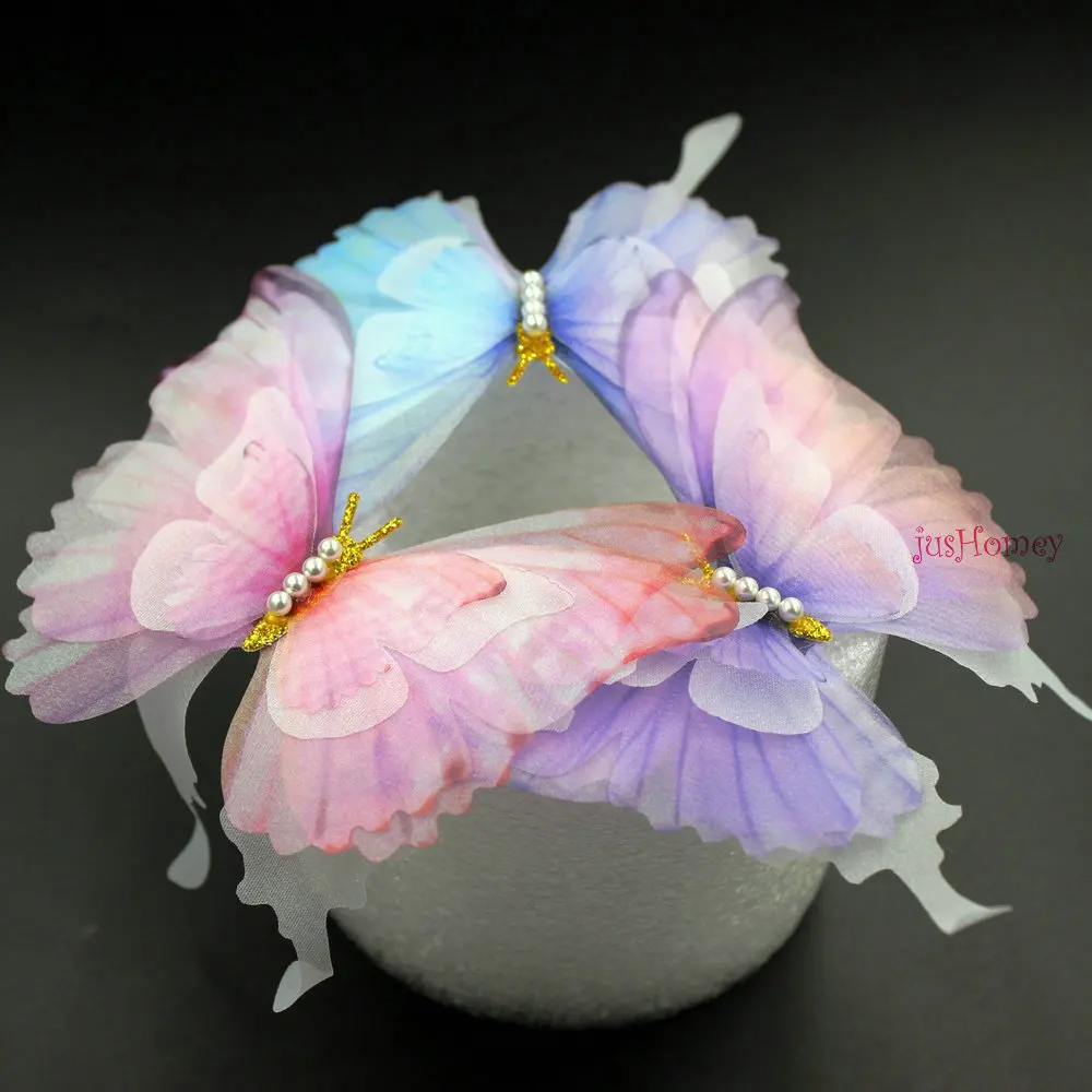 20pcs/lot 11cm Organza Fabric Chiffon Butterfly Five-Layers with Pearl Glitter Body for Hair Clips,Clothing Accesories