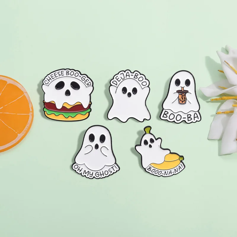 Halloween Enamel Pins Hamburger Banana Milk Tea Cute greedy white ghost brooch Bag Accessories Metal Badge Jewelry Wholesale