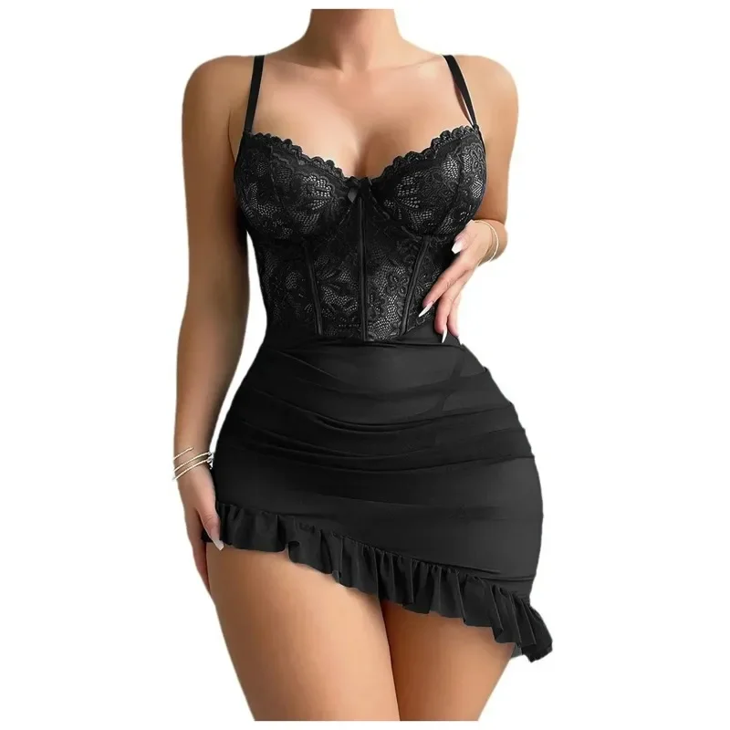 New Transparent Bra And Thong Underwear Set Women's Lingerie Night Dress Delicate Nightgown With Panties Steel Ring Push Up Bras