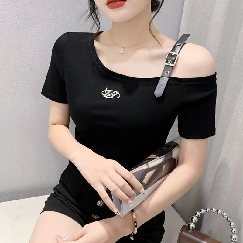 #5840 Black White Red Short Sleeve T Shirt Women Skew Collar Off Shoulder T-shirt Sexy Club Short Tshirt Femme Slim Korean Style