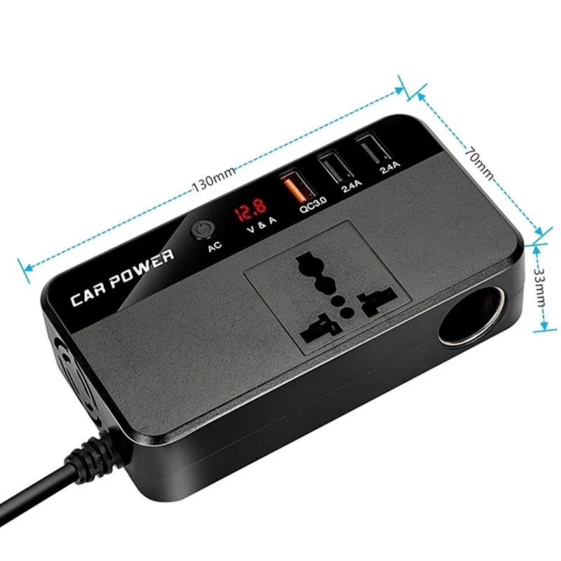 200W Car Inverter DC 12V To AC 220V Power Converter Splitter 3 USB Fast Charging Universal Socket Smart Voltage Monitor